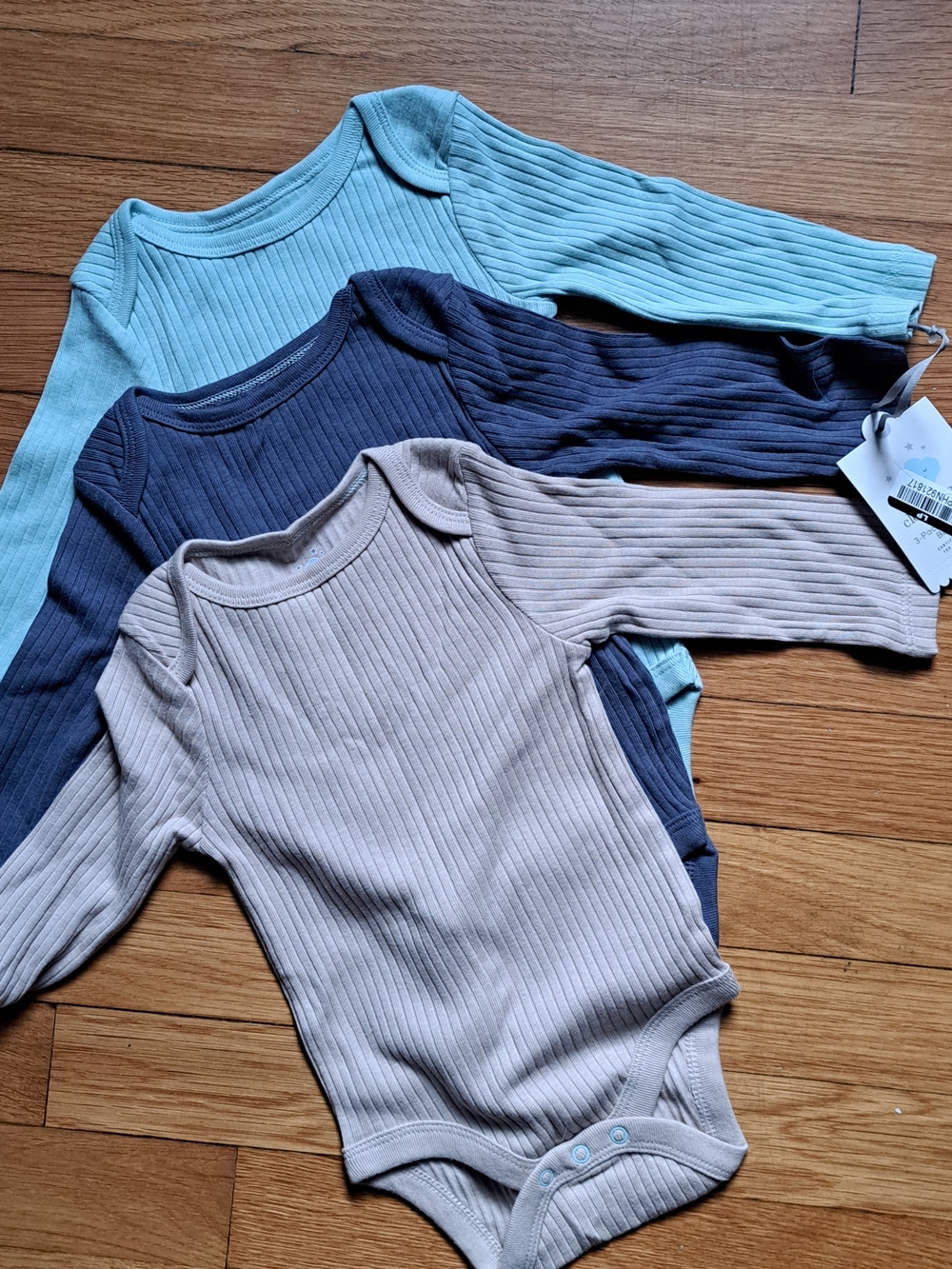 cloud island Ribbed Long-Sleeve Bodysuit Trio - Mint, Navy, Cream